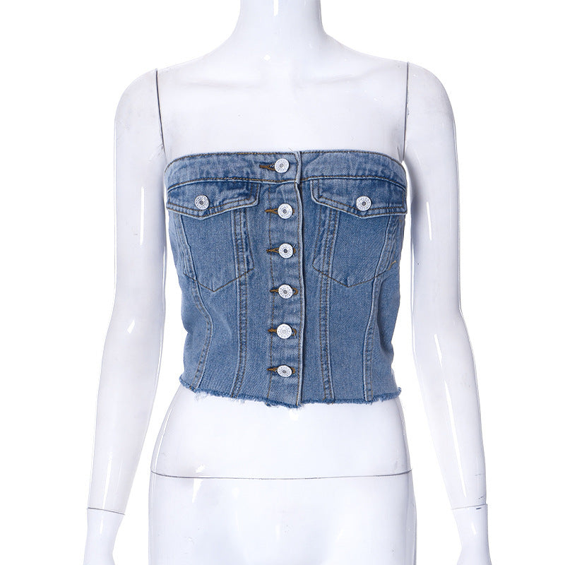 Fashion Denim Button Tank-Top