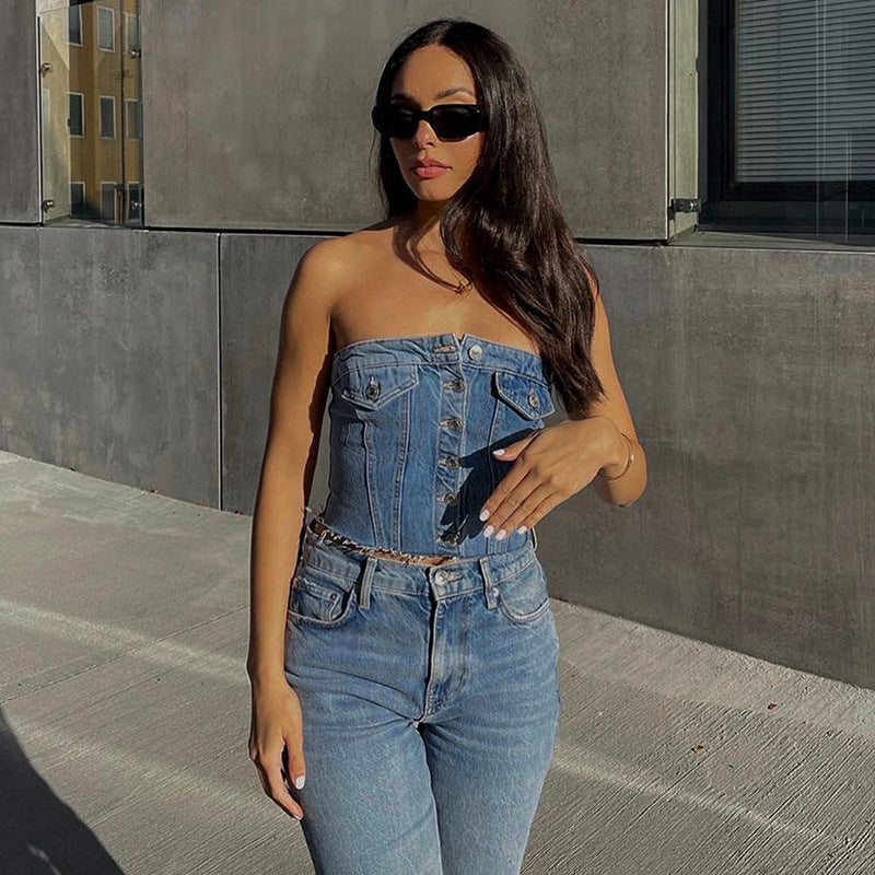 Fashion Denim Button Tank-Top