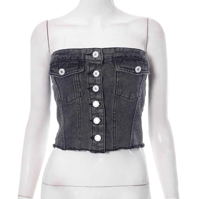 Fashion Denim Button Tank-Top